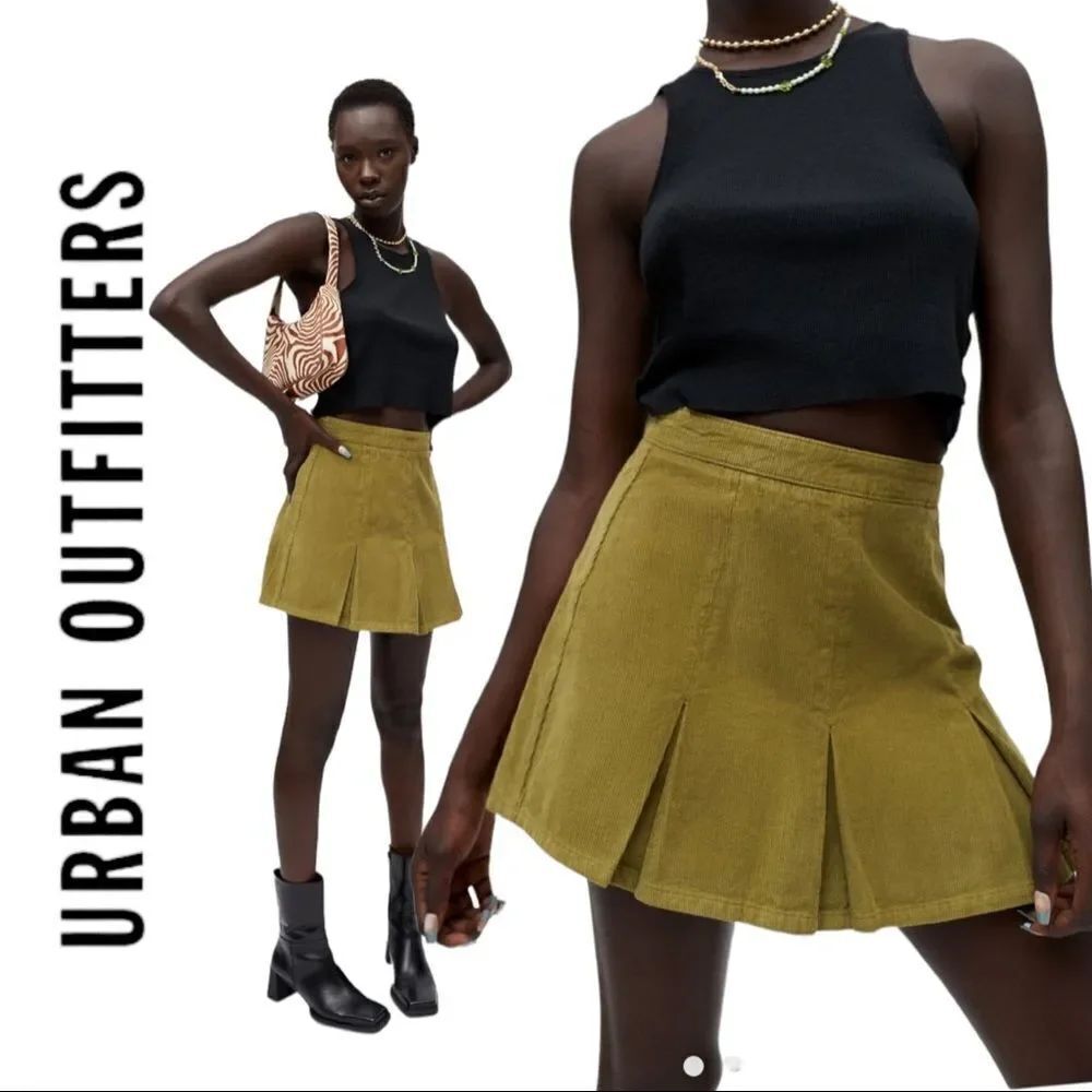 NEW Urban Outfitters UO Pleated Olive Green Corduroy Mini Skirt M